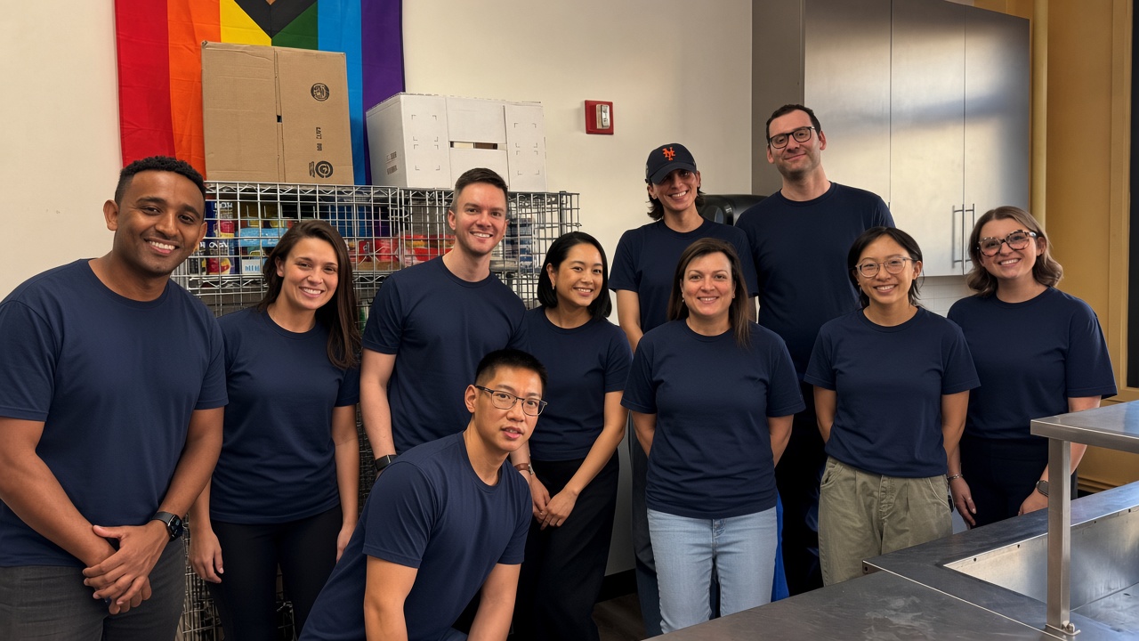 Photo of a group of employees at a volunteer event in a kitchen